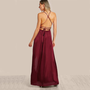 High Slit Satin Plunge Neck Cross Back Dress