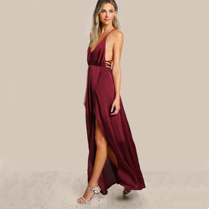 High Slit Satin Plunge Neck Cross Back Dress