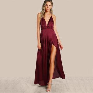 High Slit Satin Plunge Neck Cross Back Dress