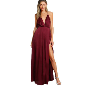 High Slit Satin Plunge Neck Cross Back Dress