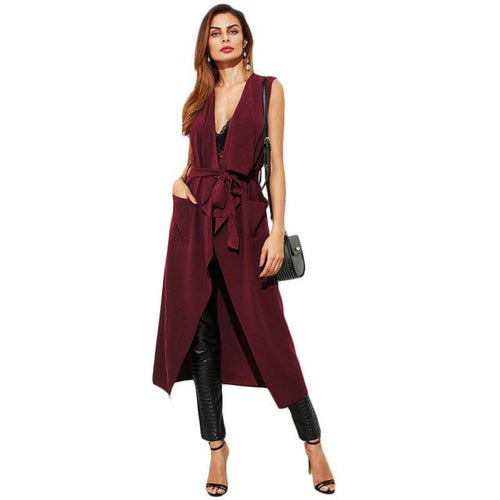 Burgundy Patch Pocket Detail Waterfall Belt Long Outer Vest