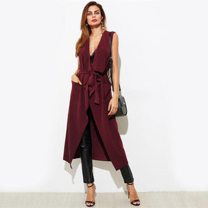 Burgundy Patch Pocket Detail Waterfall Belt Long Outer Vest