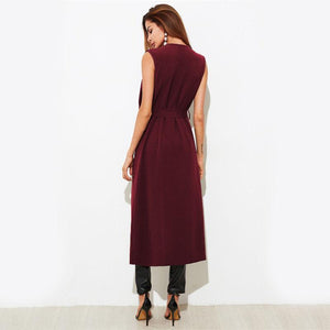 Burgundy Patch Pocket Detail Waterfall Belt Long Outer Vest