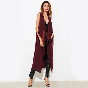 Burgundy Patch Pocket Detail Waterfall Belt Long Outer Vest