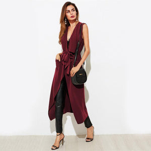 Burgundy Patch Pocket Detail Waterfall Belt Long Outer Vest