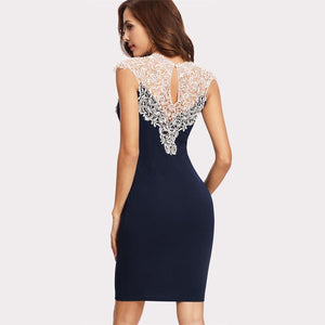 Navy Floral Lace Yoke Dress