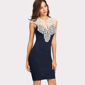 Navy Floral Lace Yoke Dress