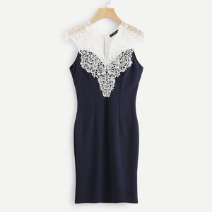 Navy Floral Lace Yoke Dress