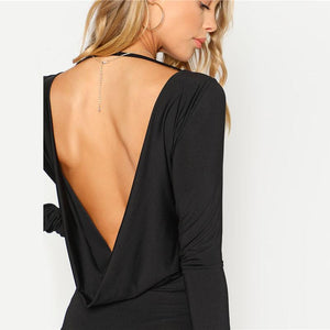 Black Backless Round Neck Open Back Long Sleeve Draped Bodysuit