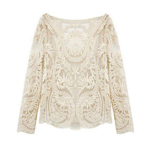Load image into Gallery viewer, Beige Long Sleeve Hollow Out Crochet Lace Blouse