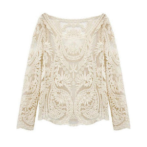 Beige Long Sleeve Hollow Out Crochet Lace Blouse