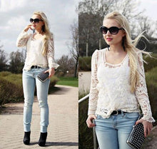 Load image into Gallery viewer, Beige Long Sleeve Hollow Out Crochet Lace Blouse