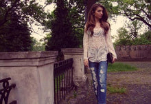 Load image into Gallery viewer, Beige Long Sleeve Hollow Out Crochet Lace Blouse