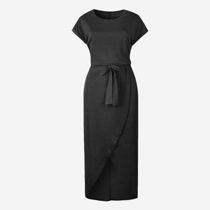Short Sleeve Tie waist Asymmetric Hem Dress