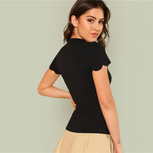 Load image into Gallery viewer, Black Elegant Mock Neck Scallop Trim Cut Out Top