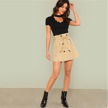 Load image into Gallery viewer, Black Elegant Mock Neck Scallop Trim Cut Out Top