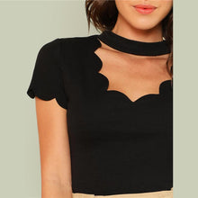 Load image into Gallery viewer, Black Elegant Mock Neck Scallop Trim Cut Out Top