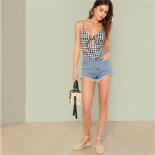 Charger l'image dans la galerie, Sexy Backless Mid Waist Deep V Plaid Cut Out Knot Bodysuit