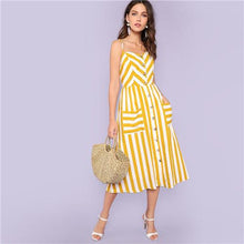 Charger l&#39;image dans la galerie, Striped Spaghetti Strap High Waist Mid-Calf Cami Dress