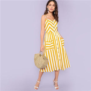 Striped Spaghetti Strap High Waist Mid-Calf Cami Dress