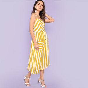 Striped Spaghetti Strap High Waist Mid-Calf Cami Dress