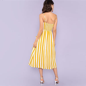 Striped Spaghetti Strap High Waist Mid-Calf Cami Dress