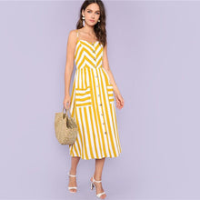 Charger l&#39;image dans la galerie, Striped Spaghetti Strap High Waist Mid-Calf Cami Dress