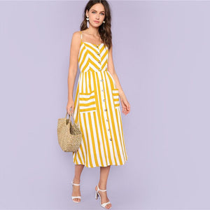 Striped Spaghetti Strap High Waist Mid-Calf Cami Dress