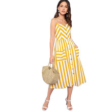 Charger l&#39;image dans la galerie, Striped Spaghetti Strap High Waist Mid-Calf Cami Dress