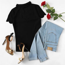 Load image into Gallery viewer, Black Elegant Mock Neck Scallop Trim Cut Out Top
