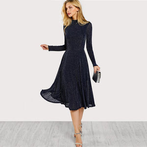 A Line Long Sleeve Mock Neck Glitter Party Dress