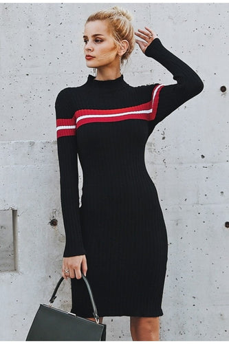 Knitted Stripe Turtleneck  Sweater Dress