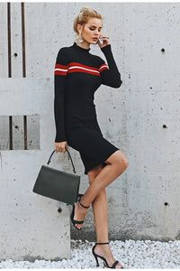 Knitted Stripe Turtleneck  Sweater Dress