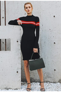 Knitted Stripe Turtleneck  Sweater Dress