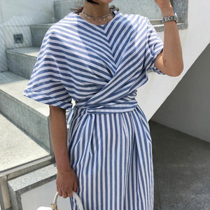 Blue Striped Bandage Split Dress