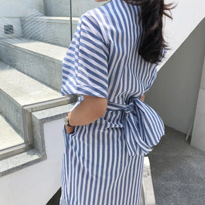 Blue Striped Bandage Split Dress