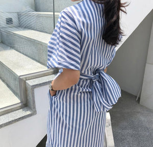 Blue Striped Bandage Split Dress