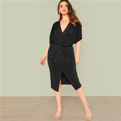 Black Twist Front Slit Batwing Dress