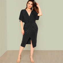 Charger l&#39;image dans la galerie, Black Twist Front Slit Batwing Dress