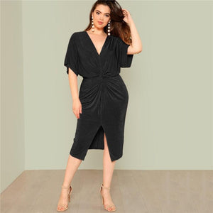 Black Twist Front Slit Batwing Dress