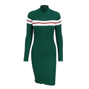 Knitted Stripe Turtleneck  Sweater Dress