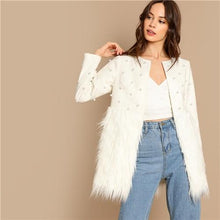 Cargar imagen en el visor de la galería, Solid Pearl Embellished Faux Fur Round Neck Jacket
