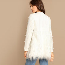 Cargar imagen en el visor de la galería, Solid Pearl Embellished Faux Fur Round Neck Jacket