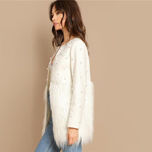 Cargar imagen en el visor de la galería, Solid Pearl Embellished Faux Fur Round Neck Jacket