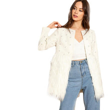 Cargar imagen en el visor de la galería, Solid Pearl Embellished Faux Fur Round Neck Jacket