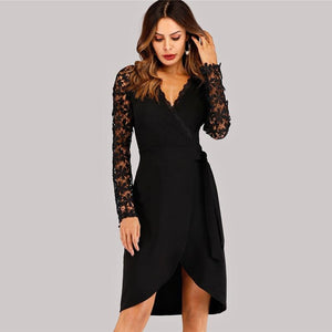 Black V Neck Lace Wrap Dress