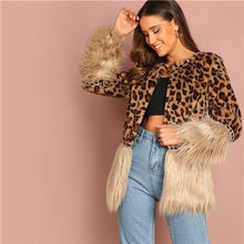 Load image into Gallery viewer, Contrast Faux Fur Leopard Long Sleeve Coat