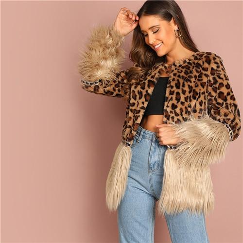 Contrast Faux Fur Leopard Long Sleeve Coat