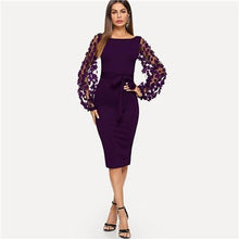 Charger l&#39;image dans la galerie, Purple Applique Mesh Sleeve Midi Dress