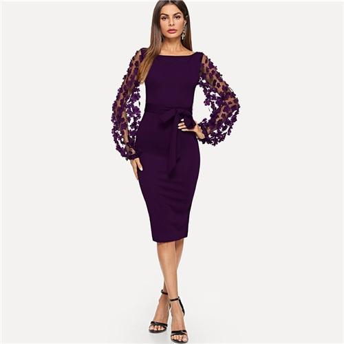 Purple Applique Mesh Sleeve Midi Dress